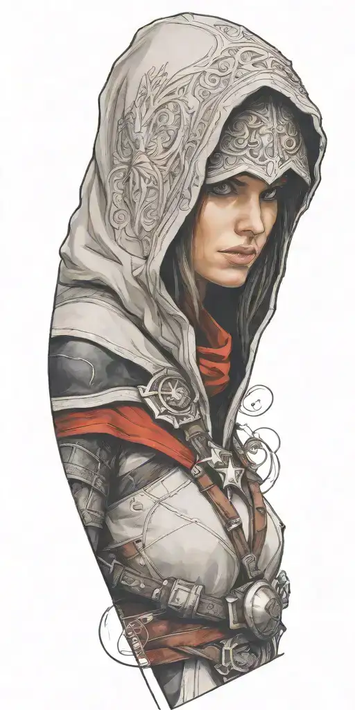 A realistic portrait of a favorite female video game character with elements of Assassin's Creed subtly integrated into the background tattoo design idea