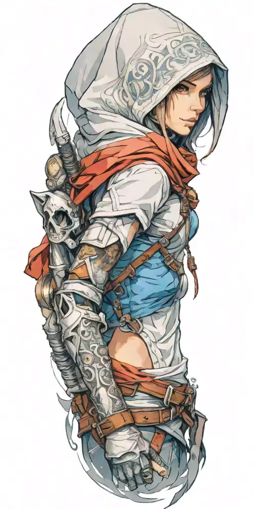 A realistic portrait of a favorite female video game character with elements of Assassin's Creed subtly integrated into the background tattoo design idea