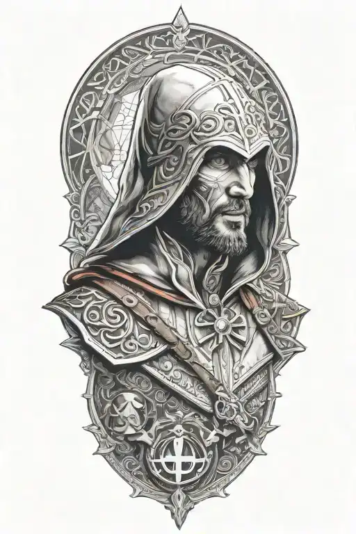 A realistic portrait of Ezio Auditore from Assassins Creed, surrounded by iconic symbols from the game tattoo design idea