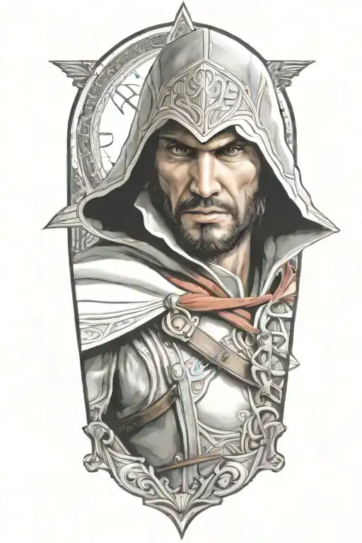 A realistic portrait of Ezio Auditore from Assassins Creed, surrounded by iconic symbols from the game tattoo design idea