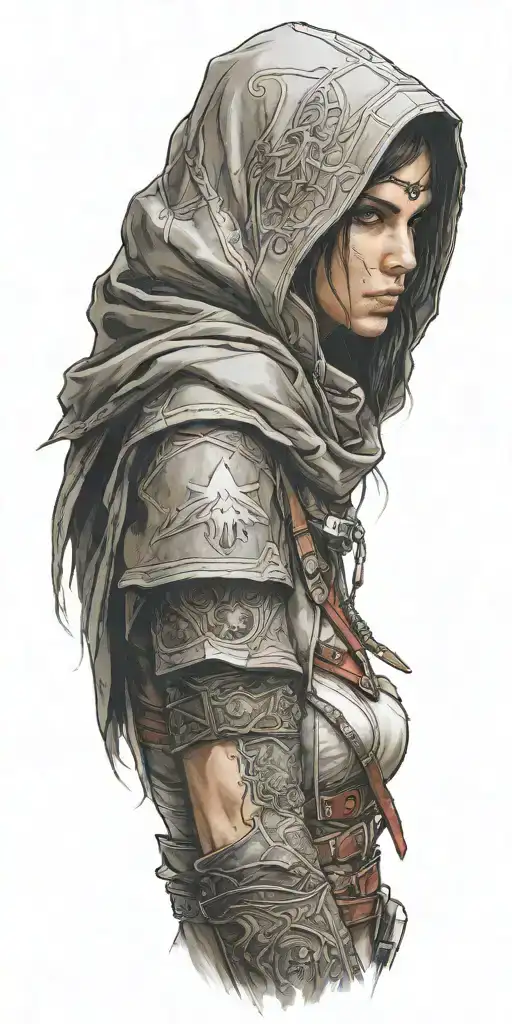 A realistic portrait of a favorite female video game character with elements of Assassin's Creed subtly integrated into the background tattoo design idea