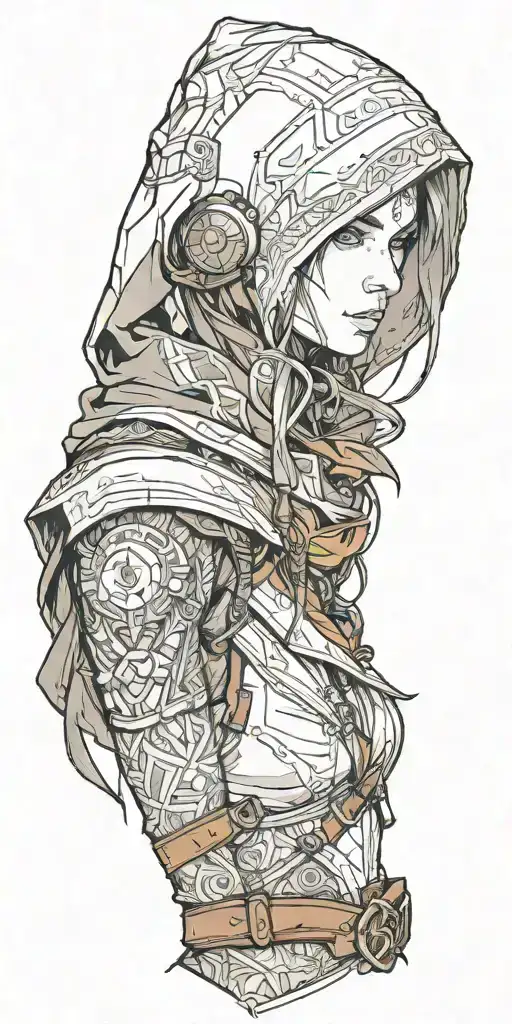 A realistic portrait of a favorite female video game character with elements of Assassin's Creed subtly integrated into the background tattoo design idea