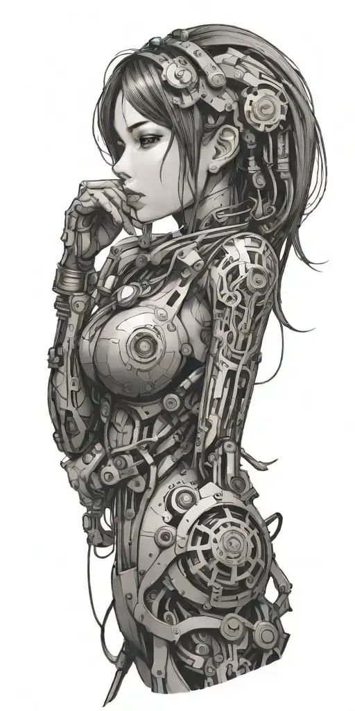 A seductive anime girl with intricate mechanical cybernetic enhancements tattoo design idea