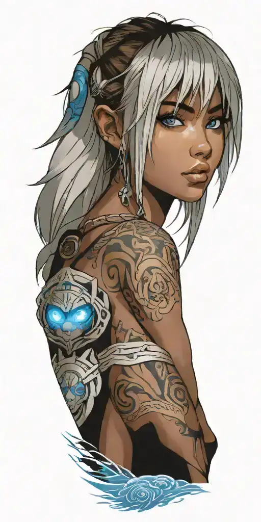 A realistic portrait of kida with blue eyes and a suttle background tattoo design idea
