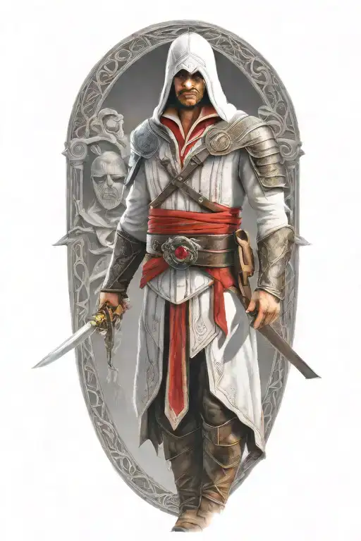 A realistic portrait of Ezio Auditore from Assassins Creed, surrounded by iconic symbols from the game tattoo design idea