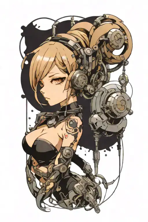 A seductive anime girl with intricate mechanical cybernetic enhancements tattoo design idea