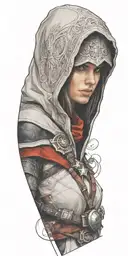 A realistic portrait of a favorite female video game character with elements of Assassin's Creed subtly integrated into the background tattoo design idea