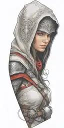 A realistic portrait of a favorite female video game character with elements of Assassin's Creed subtly integrated into the background tattoo design idea