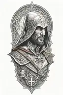 A realistic portrait of Ezio Auditore from Assassins Creed, surrounded by iconic symbols from the game tattoo design idea