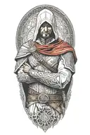 A realistic portrait of Ezio Auditore from Assassins Creed, surrounded by iconic symbols from the game tattoo design idea