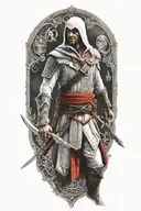 A realistic portrait of Ezio Auditore from Assassins Creed, surrounded by iconic symbols from the game tattoo design idea