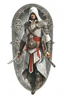 A realistic portrait of Ezio Auditore from Assassins Creed, surrounded by iconic symbols from the game tattoo design idea