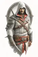 A realistic portrait of Ezio Auditore from Assassins Creed, surrounded by iconic symbols from the game tattoo design idea