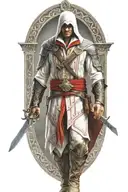 A realistic portrait of Ezio Auditore from Assassins Creed, surrounded by iconic symbols from the game tattoo design idea