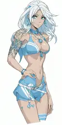 A realistic portrait of kida with blue eyes and in a bikini tattoo design idea