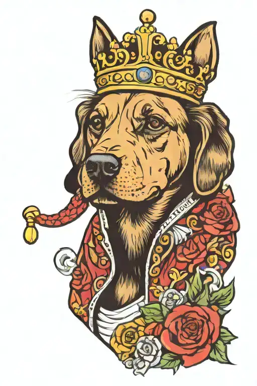 Dog popping out of a shirt pocket. The dog has a crown on it's head but it is cocked to the side tattoo design idea