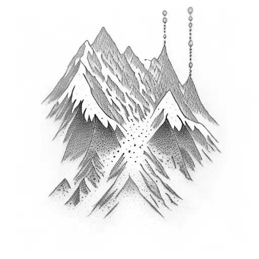 A dotwork tattoo featuring a mountain range cascading down the spine, with waves crashing at the base to represent the rough path of life leading to tranquility. tattoo design idea