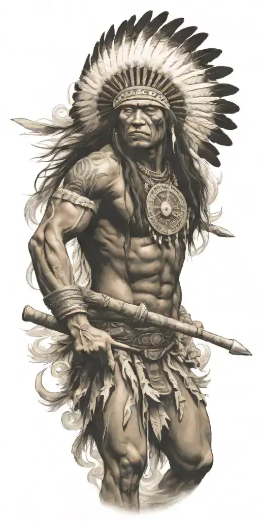 Native american warrior battling fierce waves and dark tattoo design idea
