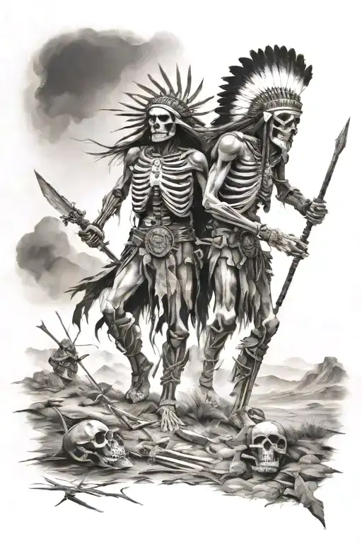 native american  skeleton  warriors battle  landscape tattoo design idea