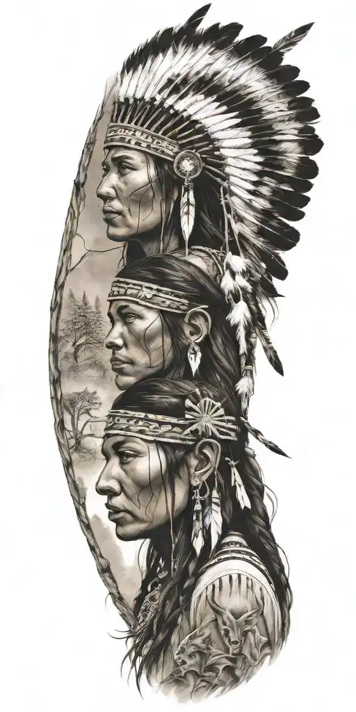 Native american girl bow hunting scene tattoo design idea