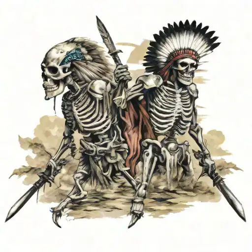 native american  skeleton  warriors battle  landscape tattoo design idea