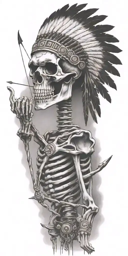 native american  skeleton  shooting bow at camera  tattoo design idea