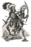 native american  skeleton  warriors battle  landscape tattoo design idea