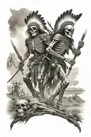 native american  skeleton  warriors battle  landscape tattoo design idea