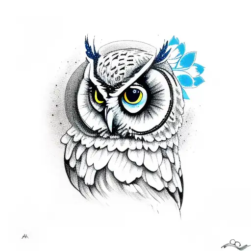 A full sleeve going from shoulder to wrist, an owl with blue eyes, holding a time of death clock, surrounded by tulips a tattoo design idea