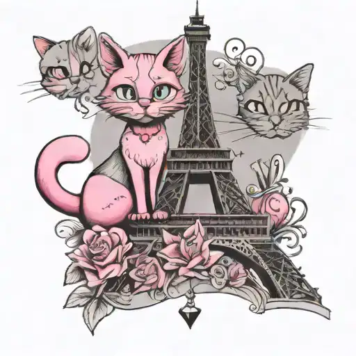A whimsical tattoo of the Eiffel Tower made up of new school style pink cats and diamonds, reflecting your love for Paris and unique artwork tattoo design idea