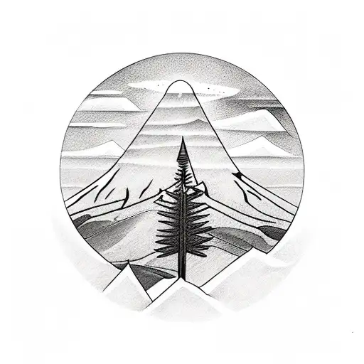 a simple linear tattoo with a cedar tree and ararat mountain and the armenian eternity symbol tattoo design idea