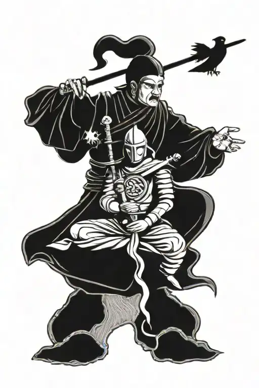 medieval knight and buddhist monk meditating merging into one tattoo design idea
