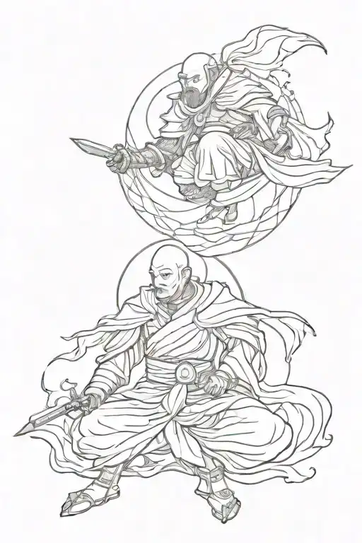 right half of a dark medieval knight and left half of a blidfolded buddhist monk merging into one symbolizing a yinyang  tattoo design idea