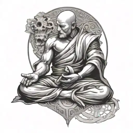half of a dark medieval knight and half of a  blidfolded buddhist monk meditate merging into one symbolizing a yin yang  tattoo design idea
