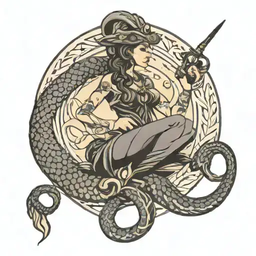 Rattle Snake protecting  goddess justitia tattoo design idea