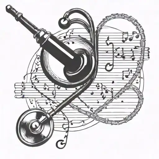 An intricate blackwork tattoo of a stethoscope intertwined with musical notes and a heartbeat rhythm line tattoo design idea