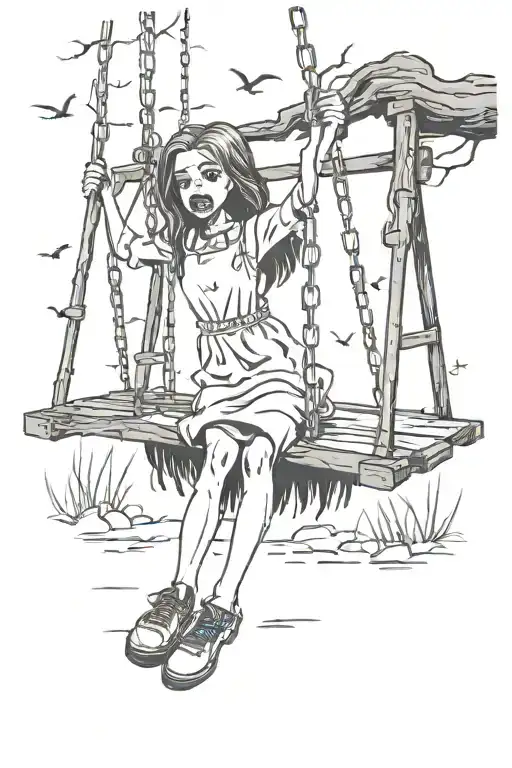 graveyard with scary girl swinging from swing hanging tattoo design idea
