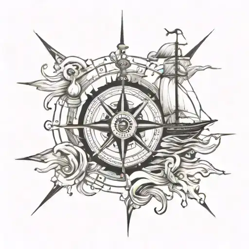 Ship at sea with compass and cross intertwined tattoo design idea