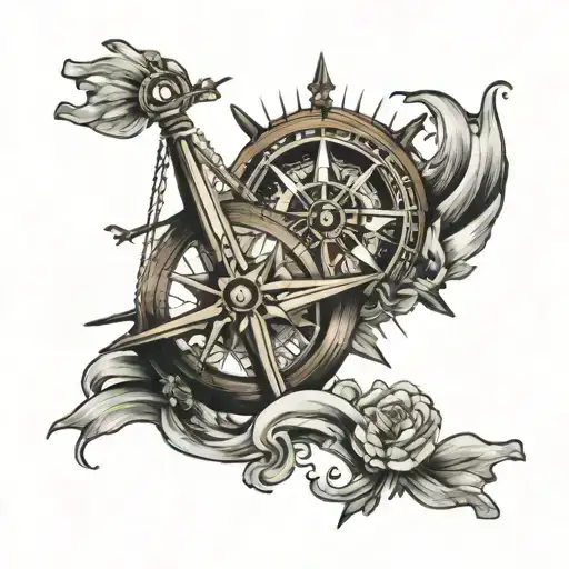 Ship at sea compass guide and cross  tattoo design idea