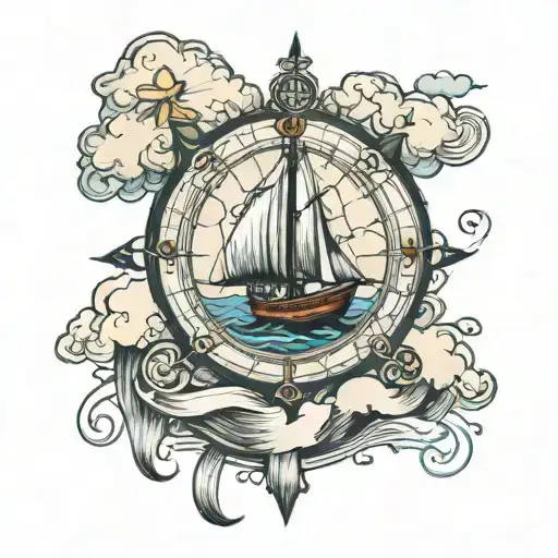 Boat at sea compass with cross with clouds above tattoo design idea