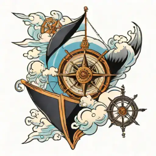 Ship at sea with compass and cross wrapped and clouds tattoo design idea