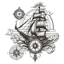 Ship at sea with compass and cross wrapped tattoo design idea