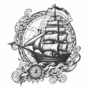 Ship at sea with compass and cross wrapped tattoo design idea