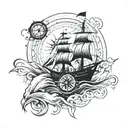 Ship at sea with compass and cross wrapped tattoo design idea