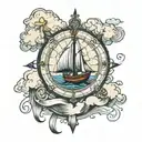 Boat at sea compass with cross with clouds above tattoo design idea