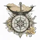 Boat at sea compass with cross with clouds above tattoo design idea