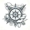 Boat at sea compass with cross with clouds above tattoo design idea