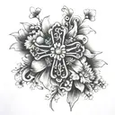 cross with "Proverbs 31:25" written in it with daisies  tattoo design idea