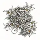 cross with "Proverbs 31:25" written in it with daisies  tattoo design idea
