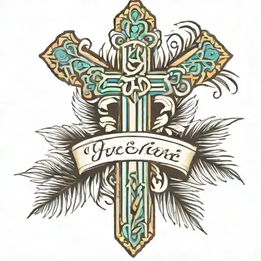 cross tattoo made out of palm leafs with name,date and a halo on top tattoo design idea